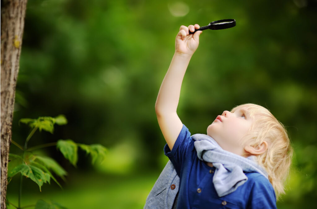 Image of a small child outdoors holding and looking through a magnifying glass over their head. Teaching children about nature and ecosystems can lead to them making more sustainable lifestyle choices. 