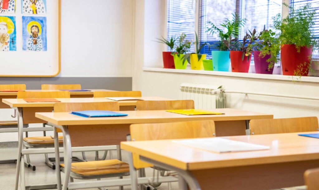 Image of some desks in a classroom near a window lined with potted plants. A sustainable classroom is great, but it takes more than that to create an entirely sustainable school.