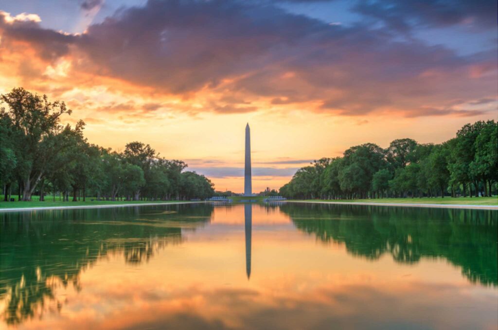 Image of the Washington monument reflected in the Lincoln Memorial Reflecting Pool at sunset. D.C. comes in at number six in the top ten most sustainable U.S. cities.