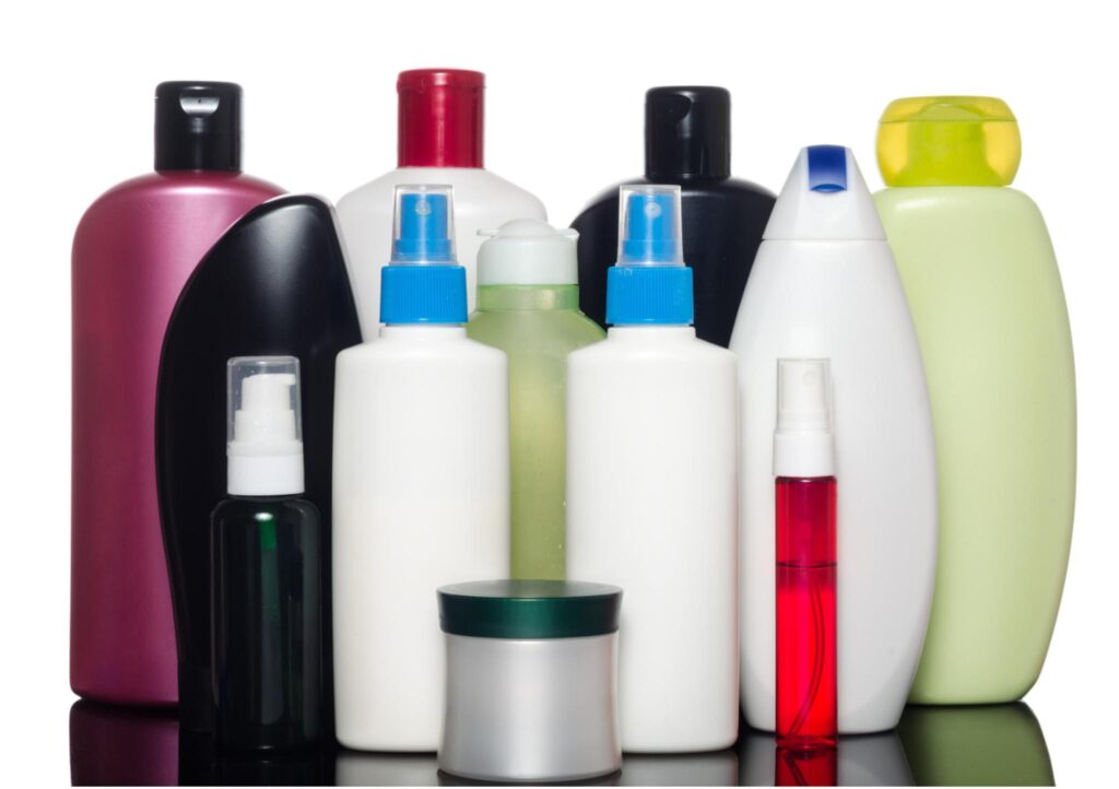 Image of a variety of health and beauty product plastic bottles.