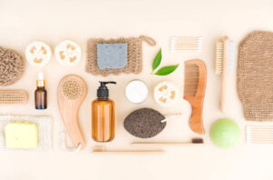 Image of a variety of sustainable health and beauty products taken from above.