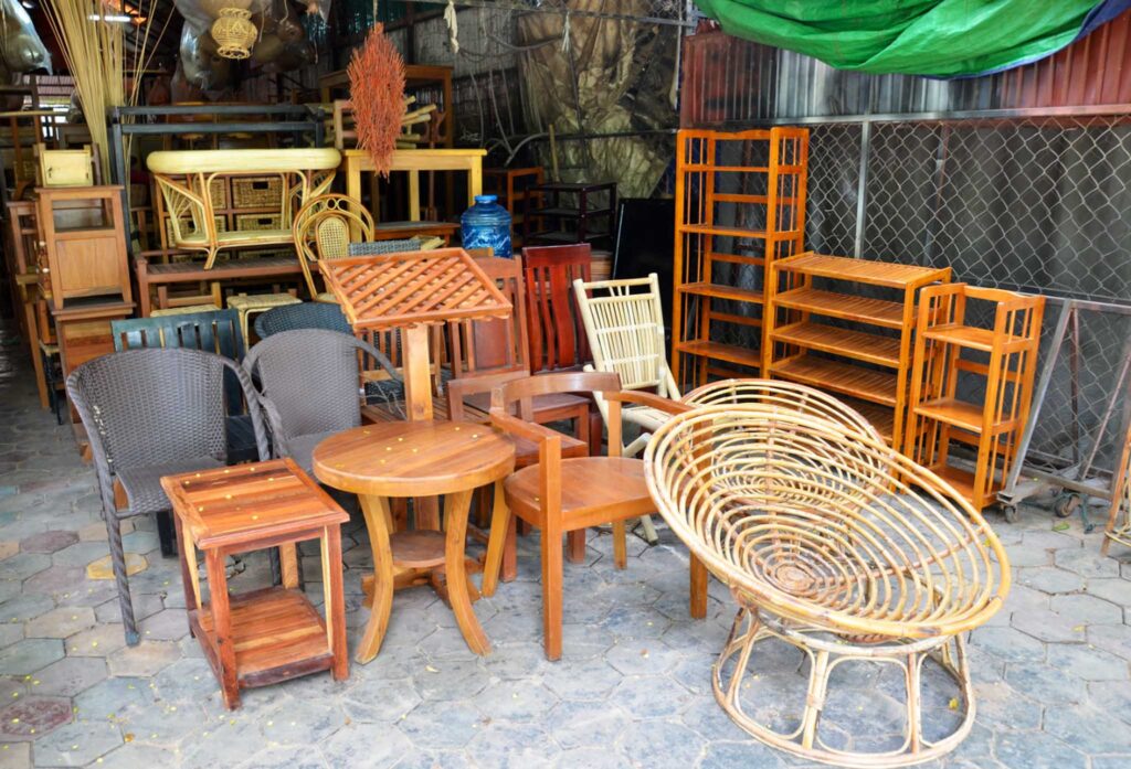 Image of used furniture at a garage sale. Buying second hand furniture for your class can lead to a more sustainable classroom.