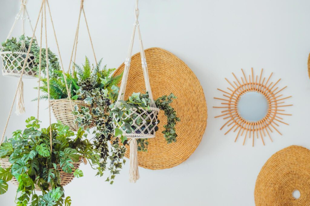 Image of hanging plants with straw wall decor in background.