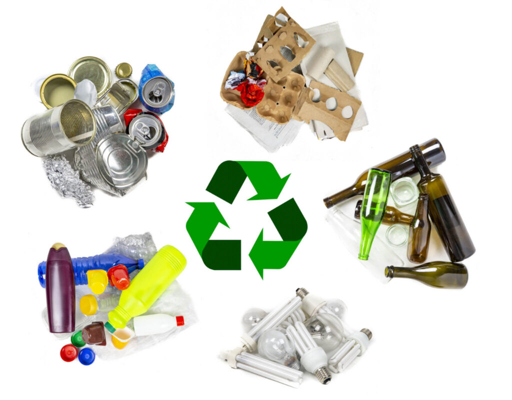 Image of a recycling symbol surrounded by five collections of properly sorted recyclable items.