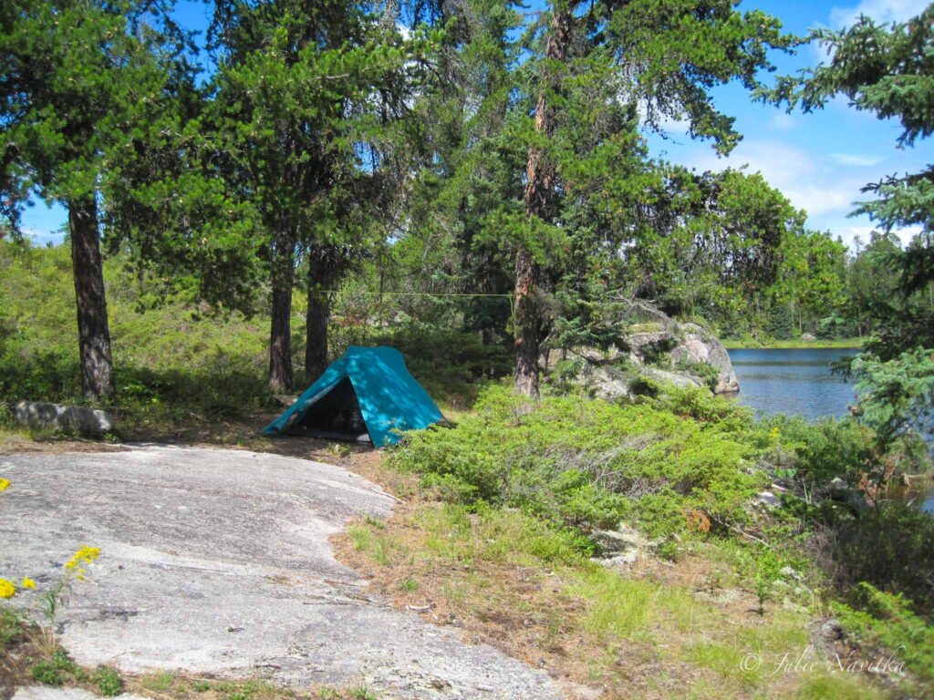 Image of a tent nestled underneath some trees with exposed granite in foreground and lake in background. Eco-friendly camping should be practiced for a sustainable lifestyle.