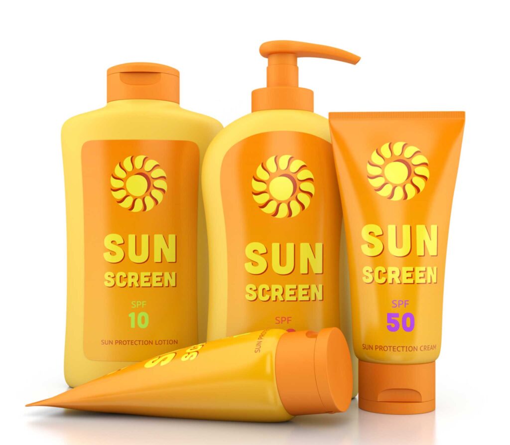 Image of four different sunscreen bottles with a variety of SPF values.