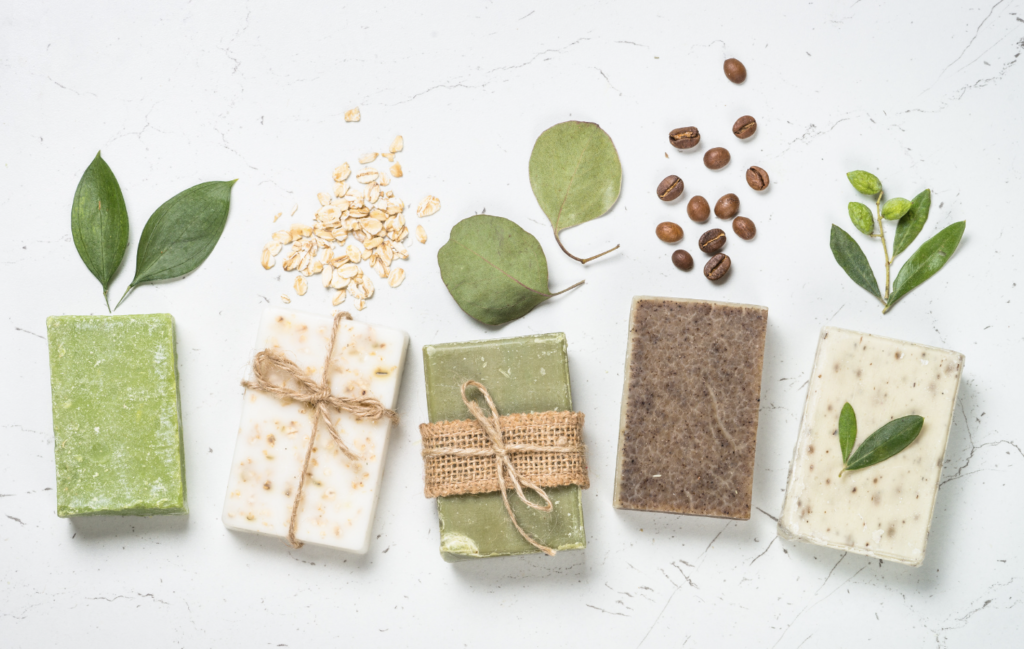 Image of several beauty bars with natural ingredients. Beauty bars are package and plastic-free!