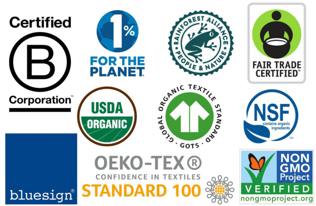 Image of numerous business and textile third-party certification symbols.