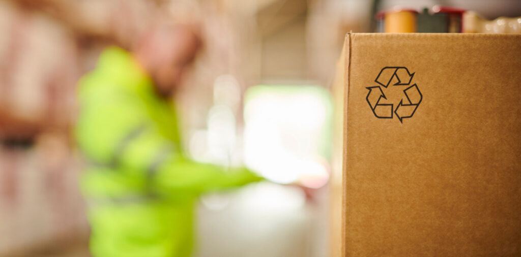 Image of a box with a recycle triangle printed on it in the foreground, with the interior of a blurry warehouse and worker in the background.