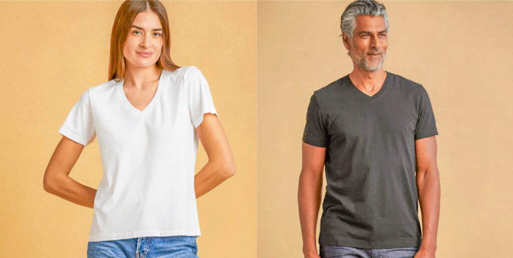 Image of a woman and man, each wearing the classic v-neck t-shirt by The Classic T-Shirt Company.