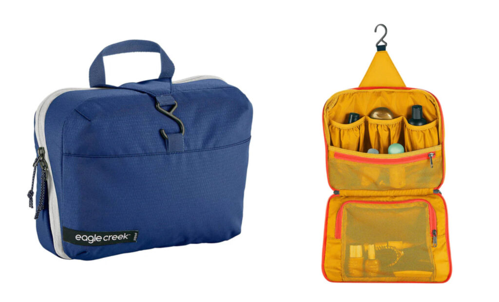 Two images of the Pack-It Reveal Hanging Toiletry Kit by Eagle Creek. One in blue and closed, one in yellow and shown opened up.