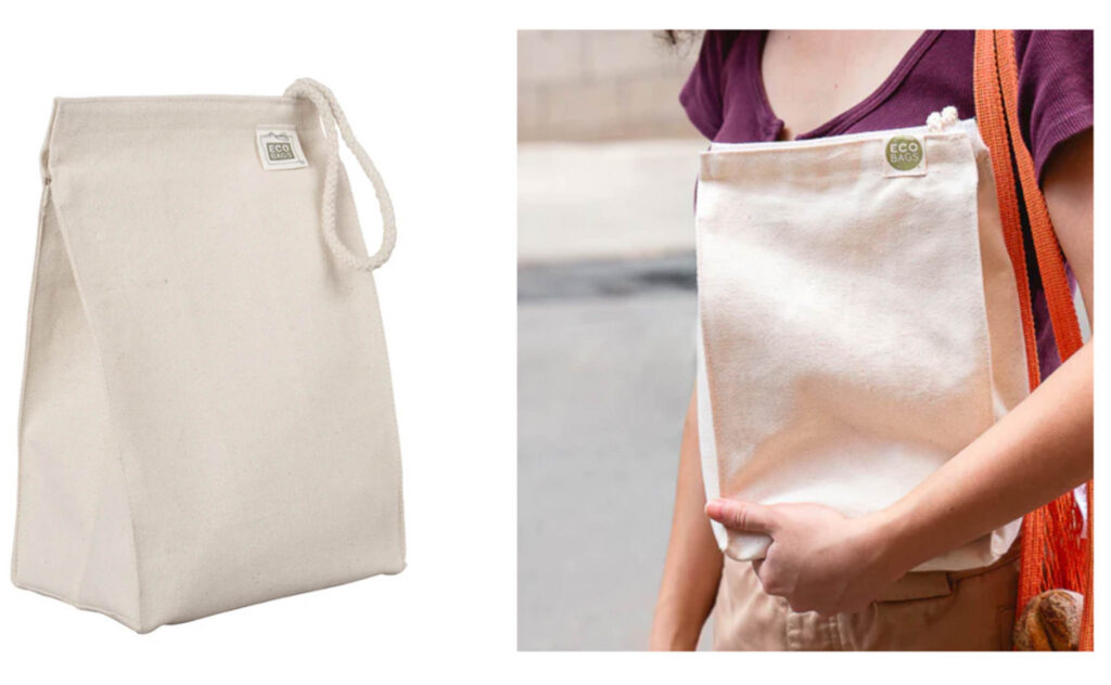 Side by side images of the Organic cotton lunch bag by ECObags, one alone and one being carried by a person. Choose and eco-friendly lunch bag over a disposable plastic bag.