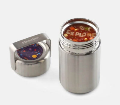 Image of the Mercury container by Planetbox with alphabet soup inside spelling out the word "explore". 