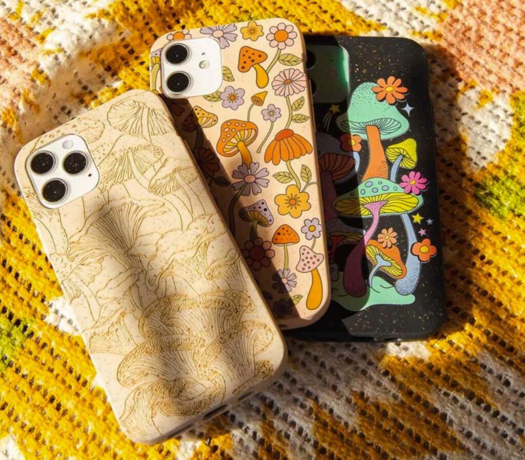 Image of three phone cases by Pela with mushroom pattern designs.