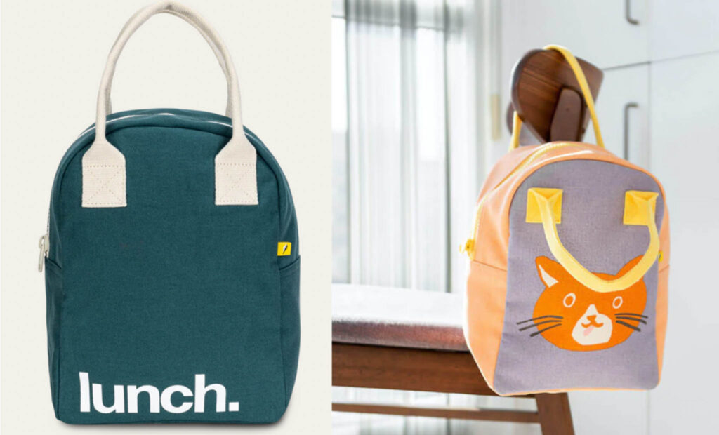 Two images of the Fluf full zipper lunch bag, one on its own and one hanging on the back of a chair.