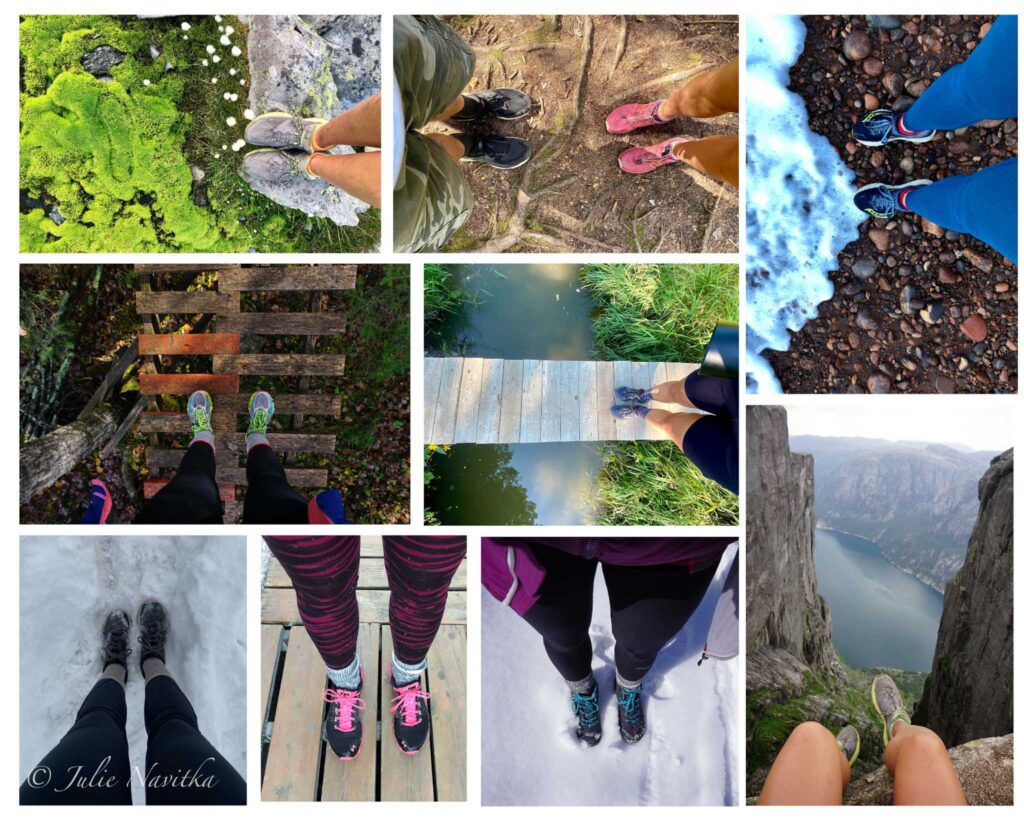 Collage of images of various hiking shoes and boots taken from the view of the person wearing them in different terrains. 