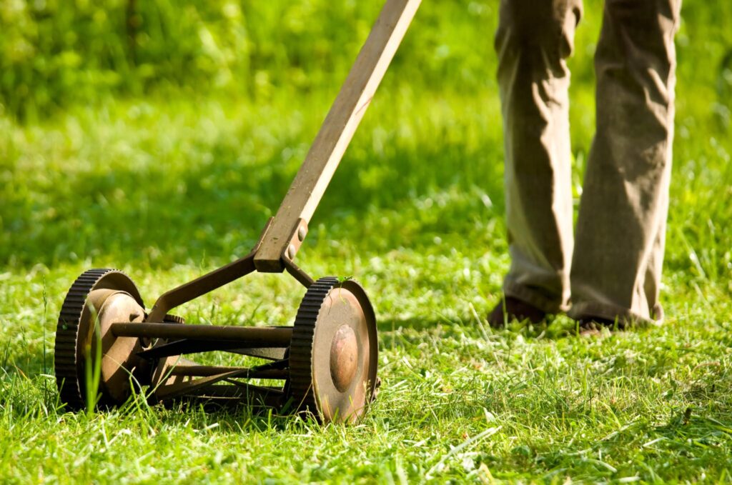 Image of a person pushing a rotating blade mower to cut grass.