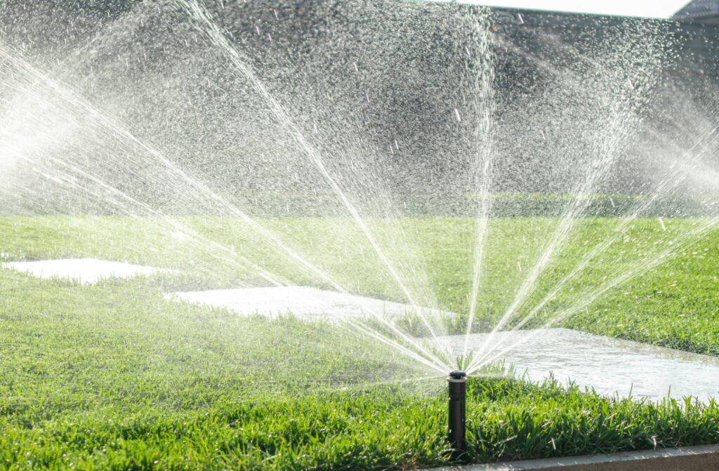 Image of multiple sprinklers watering a lawn covered in grass. Americans use an immense quantity of water for their lawns each year. 