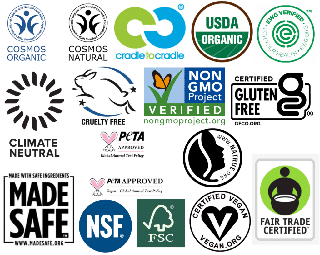 Collage of numerous beauty product certifications logos that may appear on personal care products.