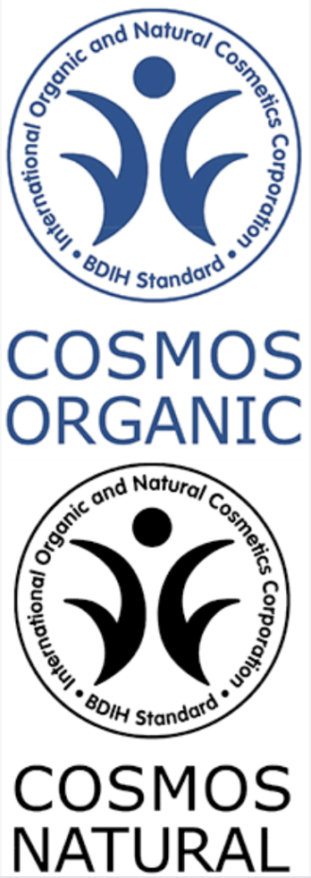 Cosmos Organic and Cosmos Natural logos. These beauty product certifications can be found on sustainable personal care items.