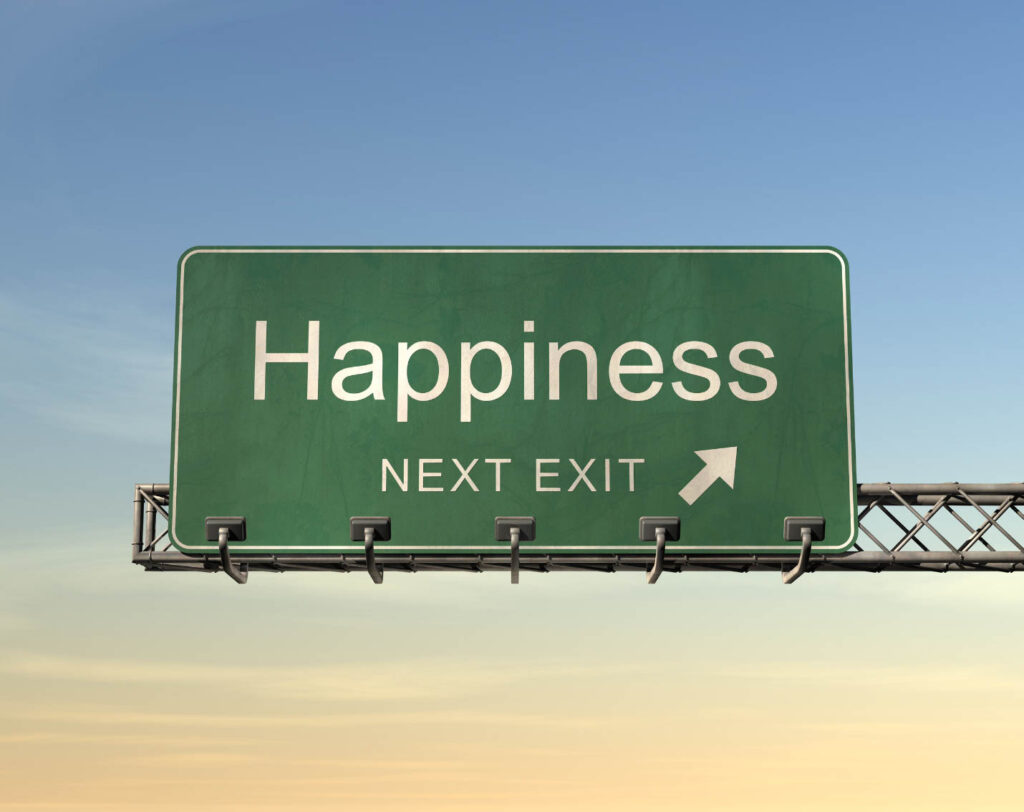 Image of an overhead highway sign stating "Happiness Next Exit".