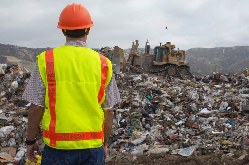 Image of a man wearing a reflective vest taken from behind as he looks out at a landfill full of garbage.
