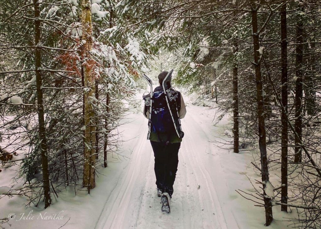 Image of a hiker in the winter taken from behind wearing a backpack with snowshoes strapped to the sides.