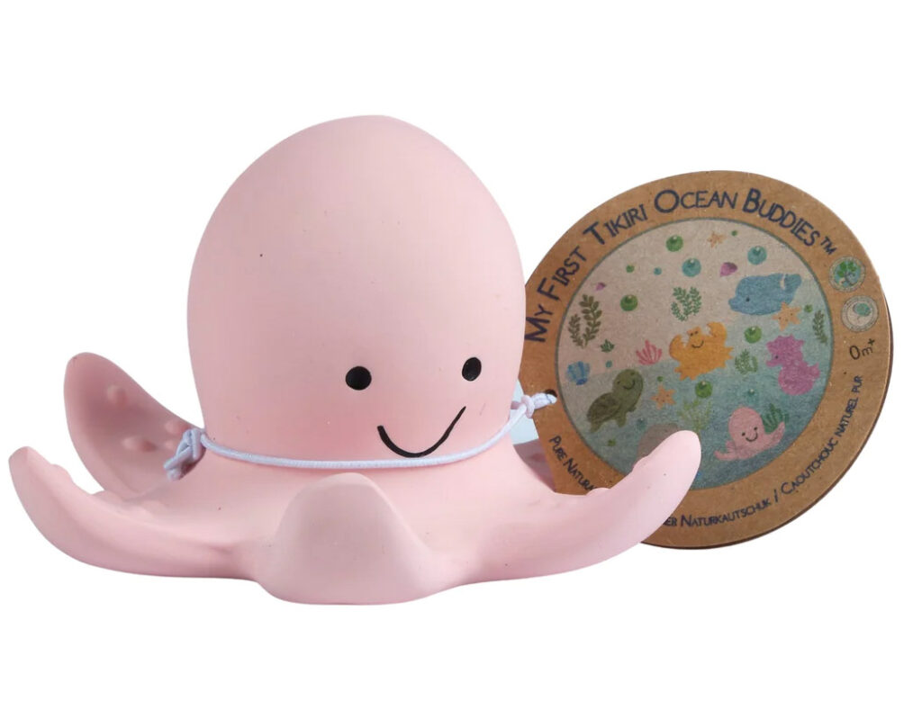 Image of one of the animal options (octopus) from the Tikiri rattle and bath toys