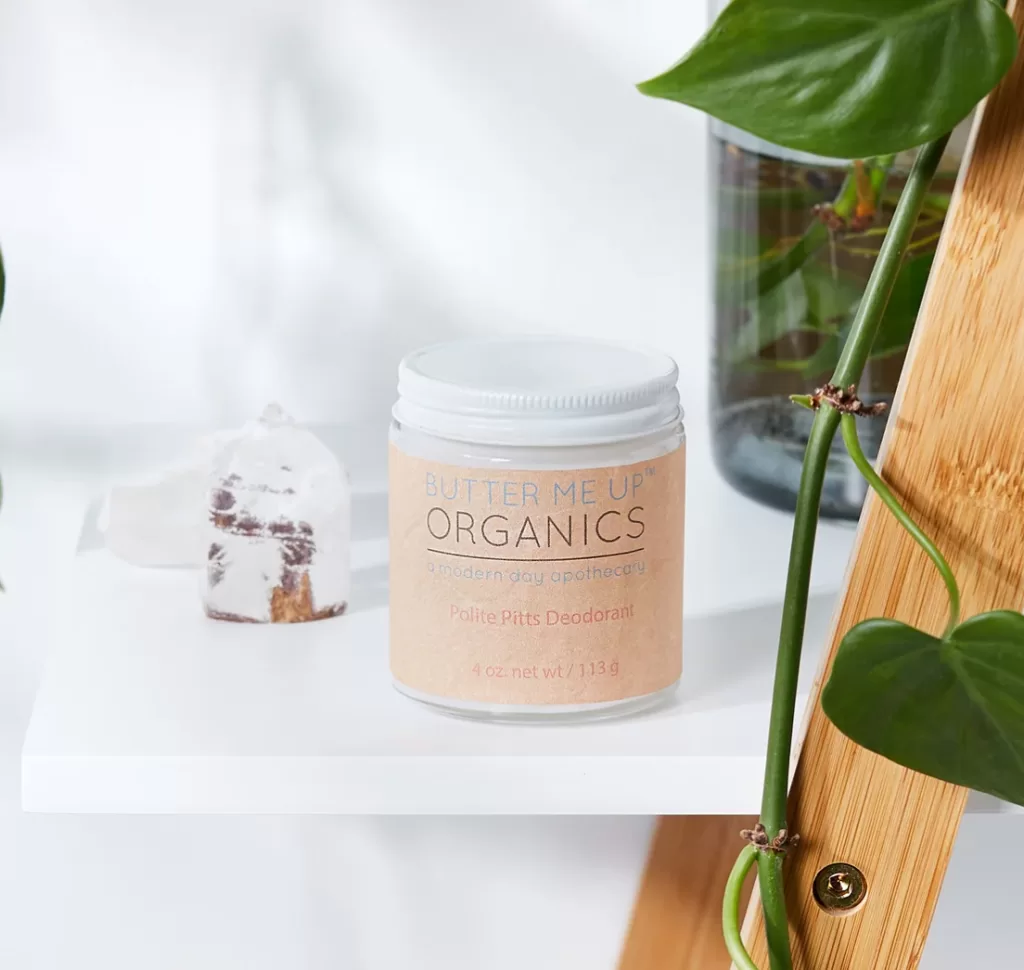 Image of a jar of the Polite Pits Organic Deodorant from Butter Me Up Organics. This sustainable travel toiletry will keep you fresh in those hot and humid destinations!