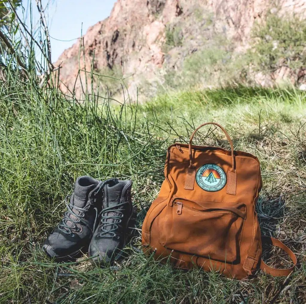Image of The WVSport Waterproof Hiking Shoes from Wills Vegan Store beside a backpack on some grass.