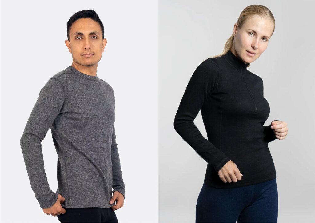 Side by side images of two models wearing the Alpaca Wool Base Layers from Arms of Andes in men's and women's styles.