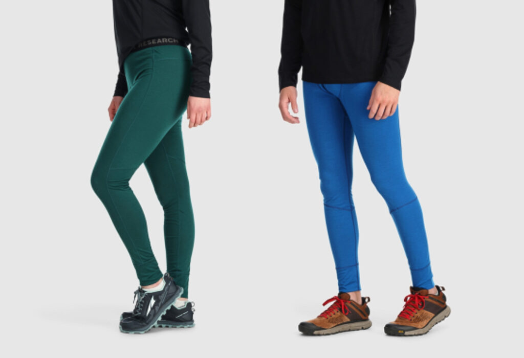 Side by side images of two models wearing the Alpine Onset Merino Bottoms from Outdoor Research in Men's and Women's styles.