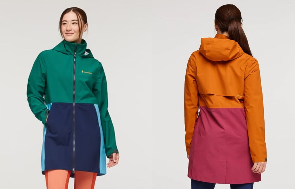 Side by side images taken back and front of a model wearing the Cielo Trench by Cotopaxi in two different bright colour options.