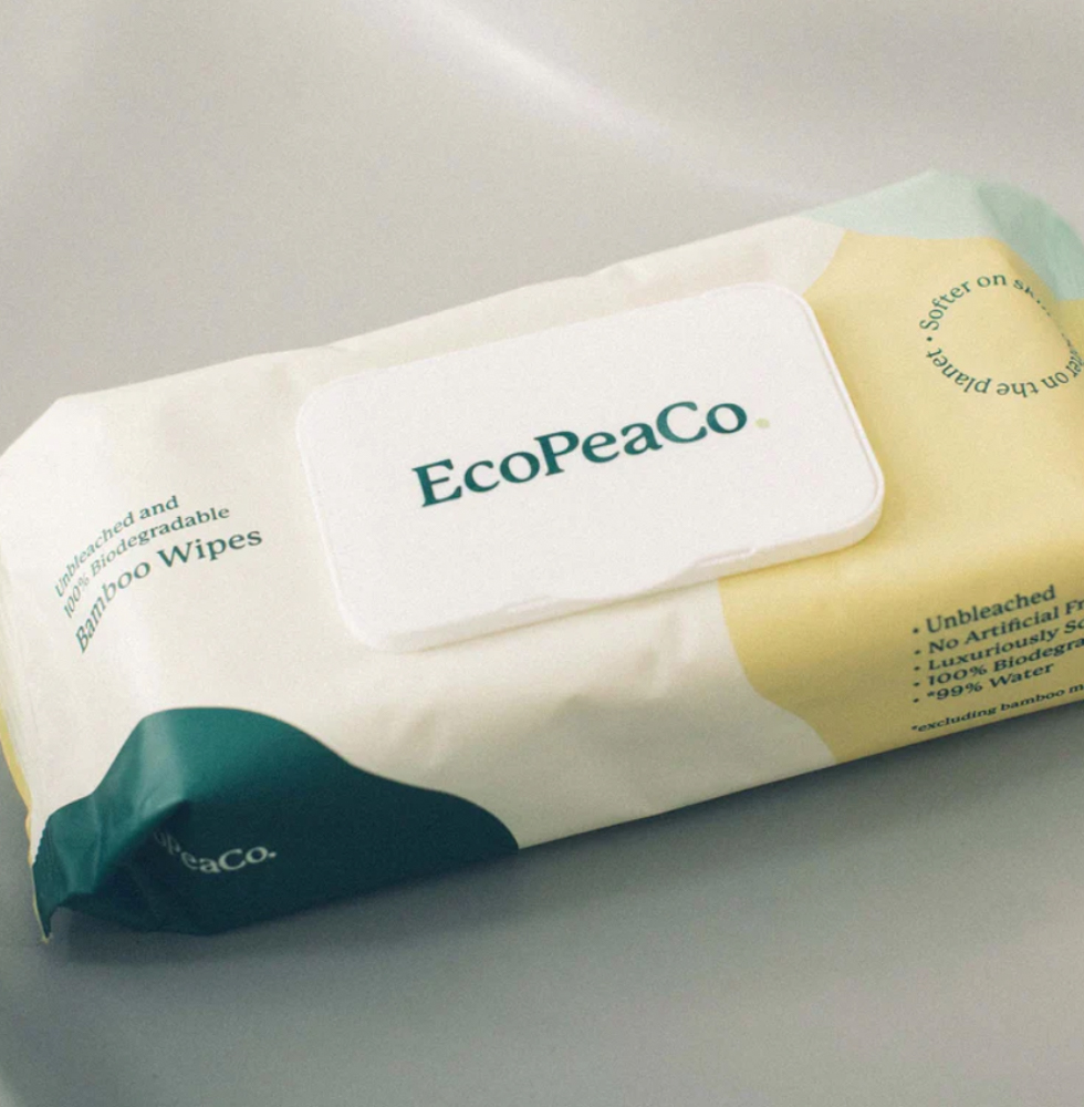 Image of a pack of compostable bamboo wipes from Eco Pea Co