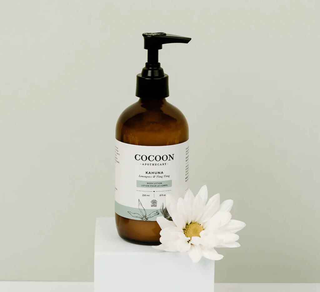 Image of Kahuna Body Lotion from Cocoon Apothecary. Sustainable travel toiletries contain organic and natural ingredients