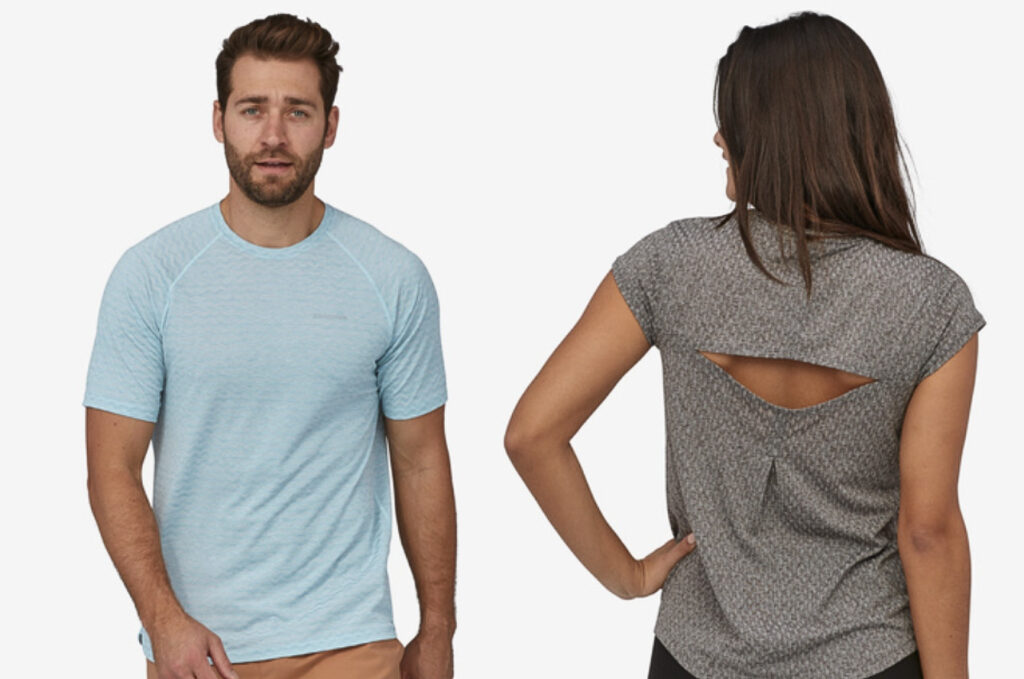 Side by side images of two models wearing the Ridge Flow Shirt by Patagonia in Men's and Women's styles. A moisture-wicking shirt is a key piece for your hiking capsule wardrobe.