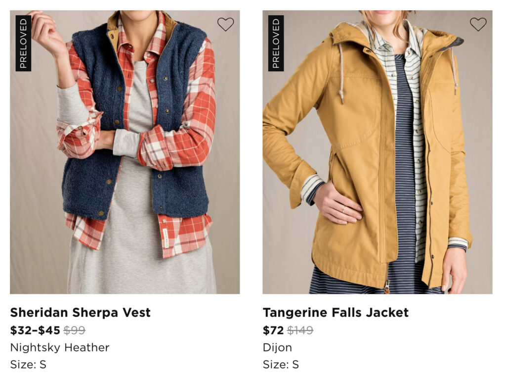 Image of products from Toad & Co's Toad Again preloved shopping platform.