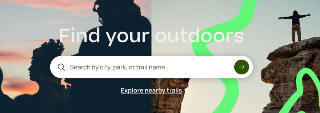 Image the All Trails search bar with the title "Find your Outdoors" printed above. I use this app for sustainable travel all the time.
