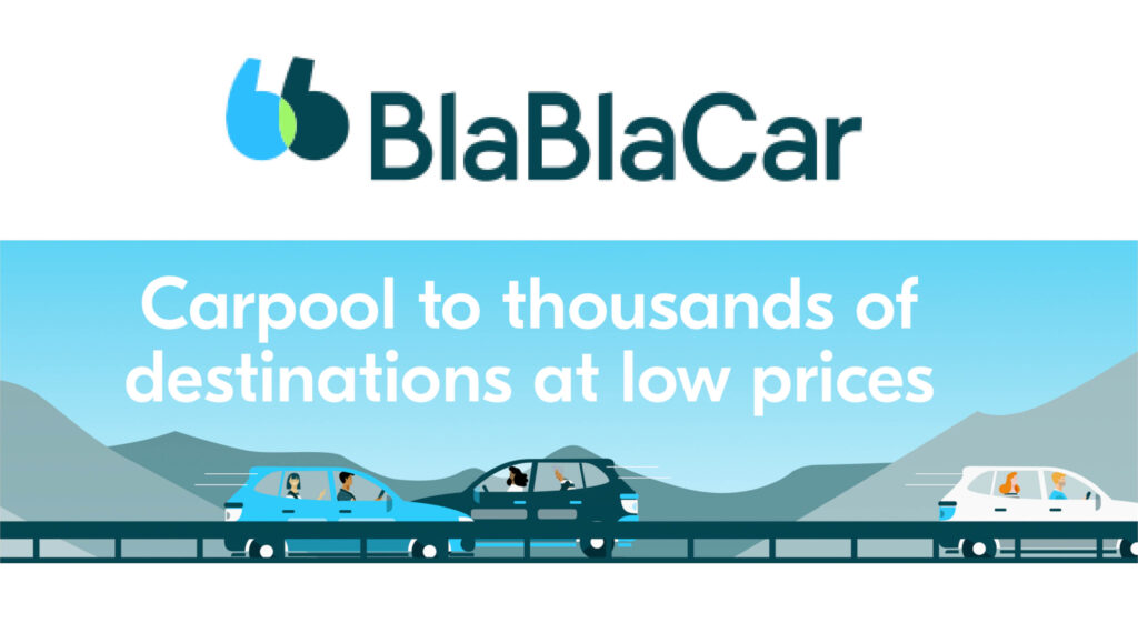 Image of the blablacar logo over an image with text "carpool to thousands of destinations at low prices". This eco-app will help you lower emissions while you travel sustainably.