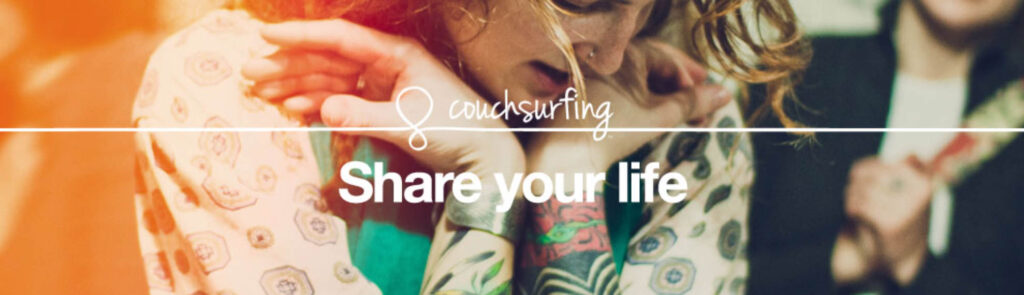 Banner image of the couchsurfing logo and background. Couchsurfing is a travel app that can save you money on your eco-friendly travels.