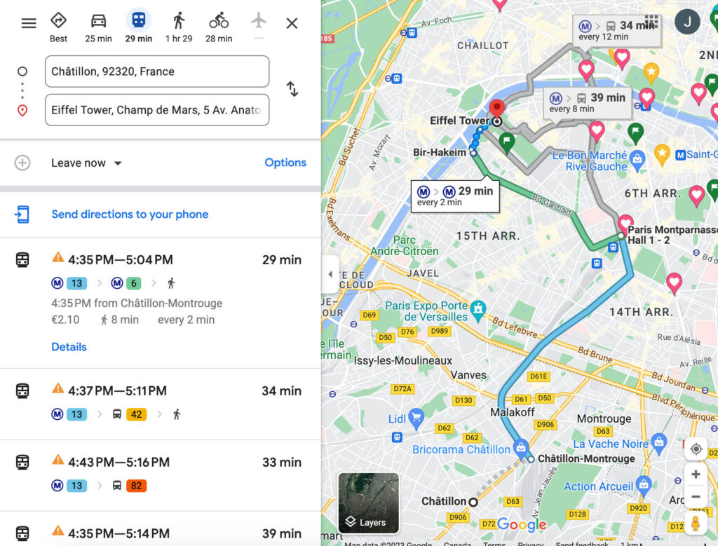 Screenshot image of Google maps search for directions to the Eiffel Tower using public transportation.