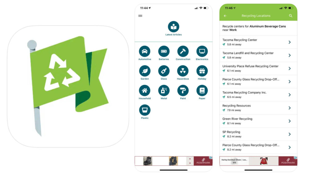 Image of the iRecycle logo and screenshots of the app in use. A fantastic app for sustainable travel.