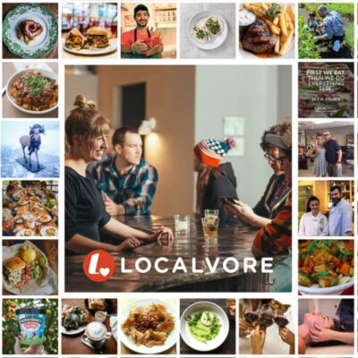 Collage image of many foods, people sharing meals, etc, around the Localvore app logo. This sustainable travel app will help you find local markets, restaurants and bakeries.