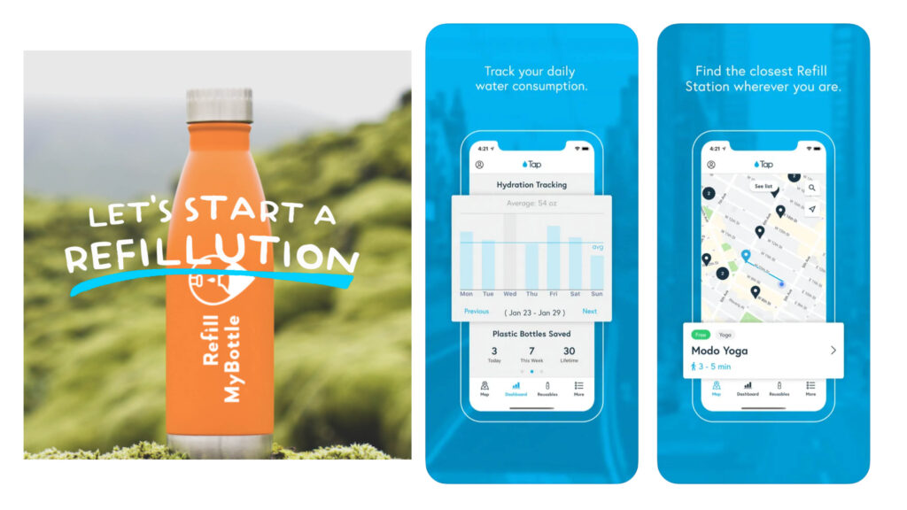 Images of the Refillmybottle and Tap Hydration and Water Stations websites and apps. This app for sustainable travel will decrease the need to buy bottled water.