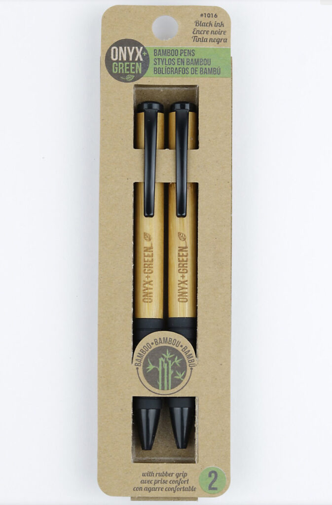 Image of the bamboo and recycled plastic pens by Onyx and Green. Zero waste pens are where it's at!