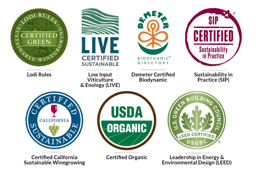 Image of various sustainable wine certification logos.