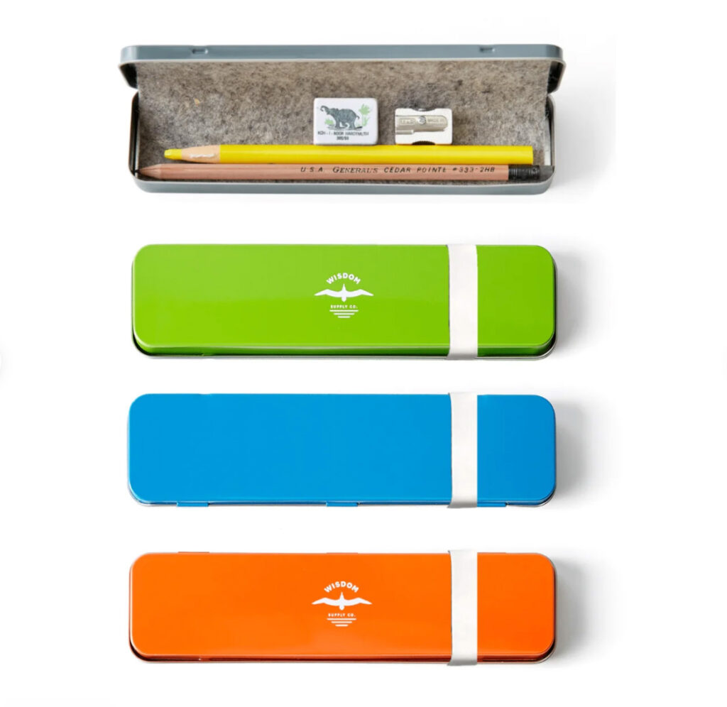 Image of four options of colours of Wisdom Supply's zero-waste pencil tin set.