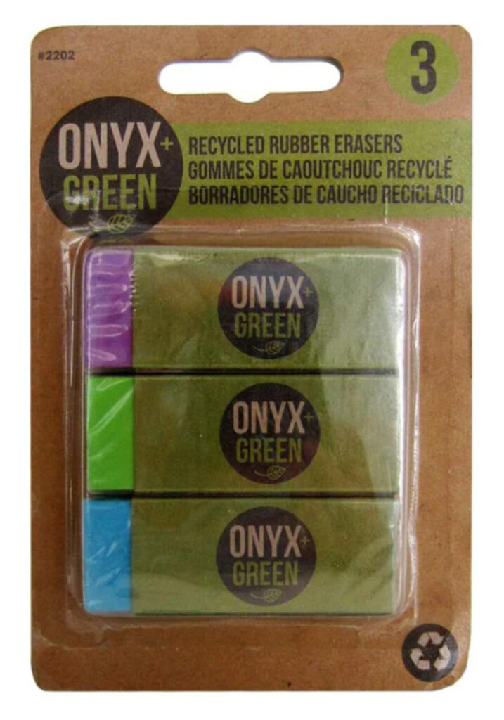 Image of Onyx + Green's recycled rubber erasers. Onyx and Green are well known for their zero waste office supplies.