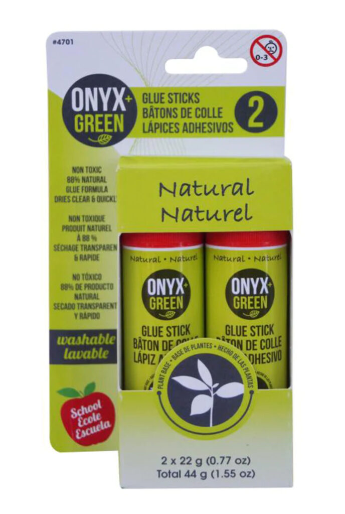 Image of a pack of two plant-based glue sticks by onyx and green. Eco-friendly glue should be part of your sustainable school supplies list.