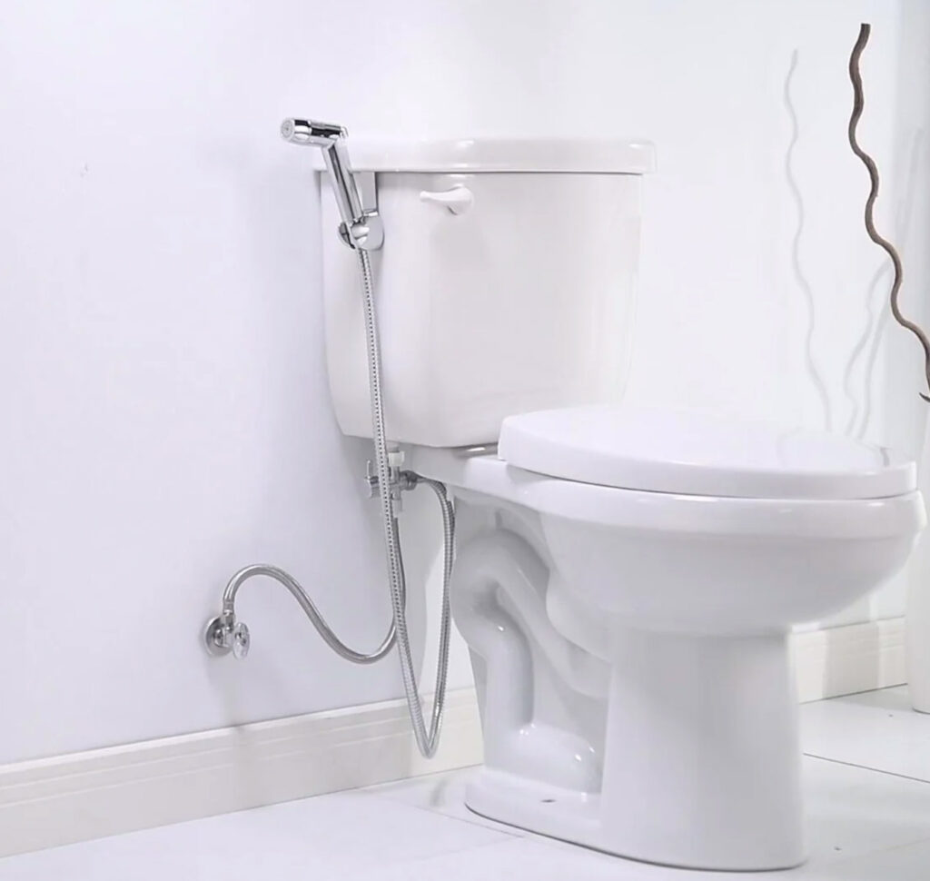 Image of a toilet with the Purrfect Zone Sprayer attachment.